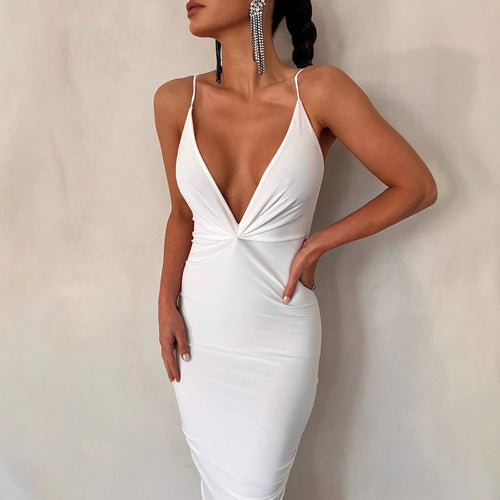 Damen elegantes Maxikleid mit tiefem V-Ausschnitt und zarten Spaghetti-Trägern R&B