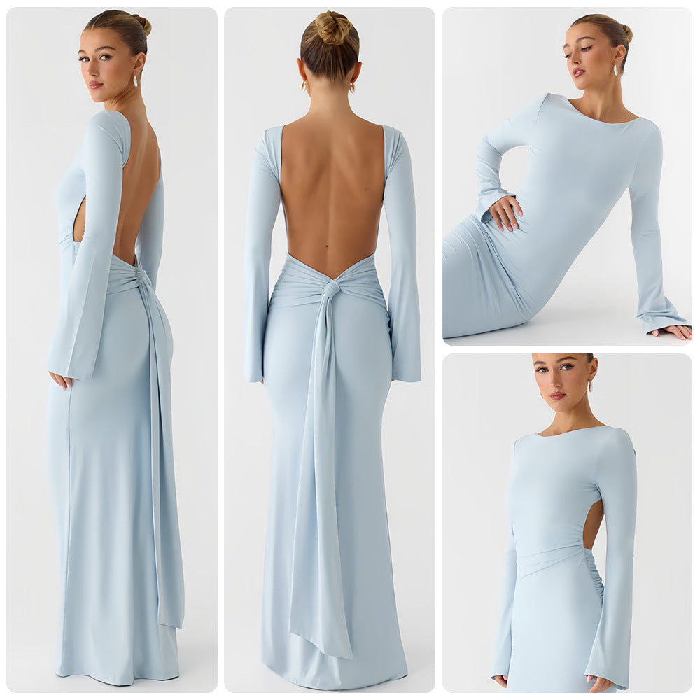 Damen Elegantes Maxikleid mit langem Arm und schwingendem Rock R&B