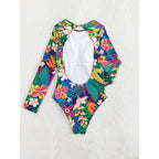 Damen Einteiler Badeanzug mit langem Arm und floralem Design R&B