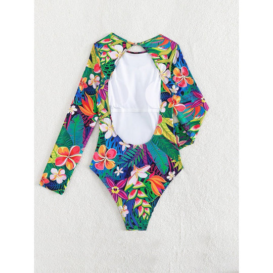 Damen Einteiler Badeanzug mit langem Arm und floralem Design R&B