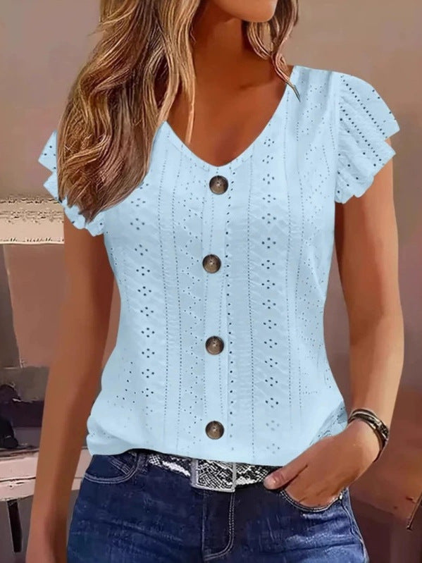 Damen luftige Bluse mit filigranem Lochmuster und Knopfdetails R&B