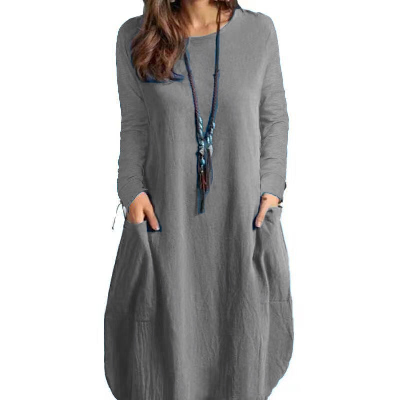 Damen lässiges Freizeitkleid mit seitlichen Taschen und Rundhalsausschnitt R&B