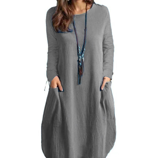 Damen lässiges Freizeitkleid mit seitlichen Taschen und Rundhalsausschnitt R&B
