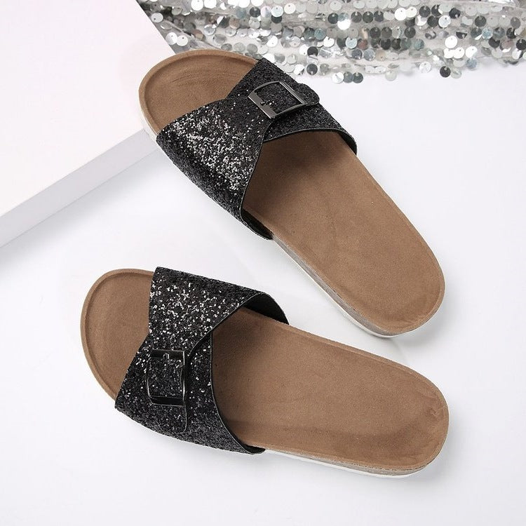Damen Glitzernde Slides mit verstellbarem Schnallen-Design R&B