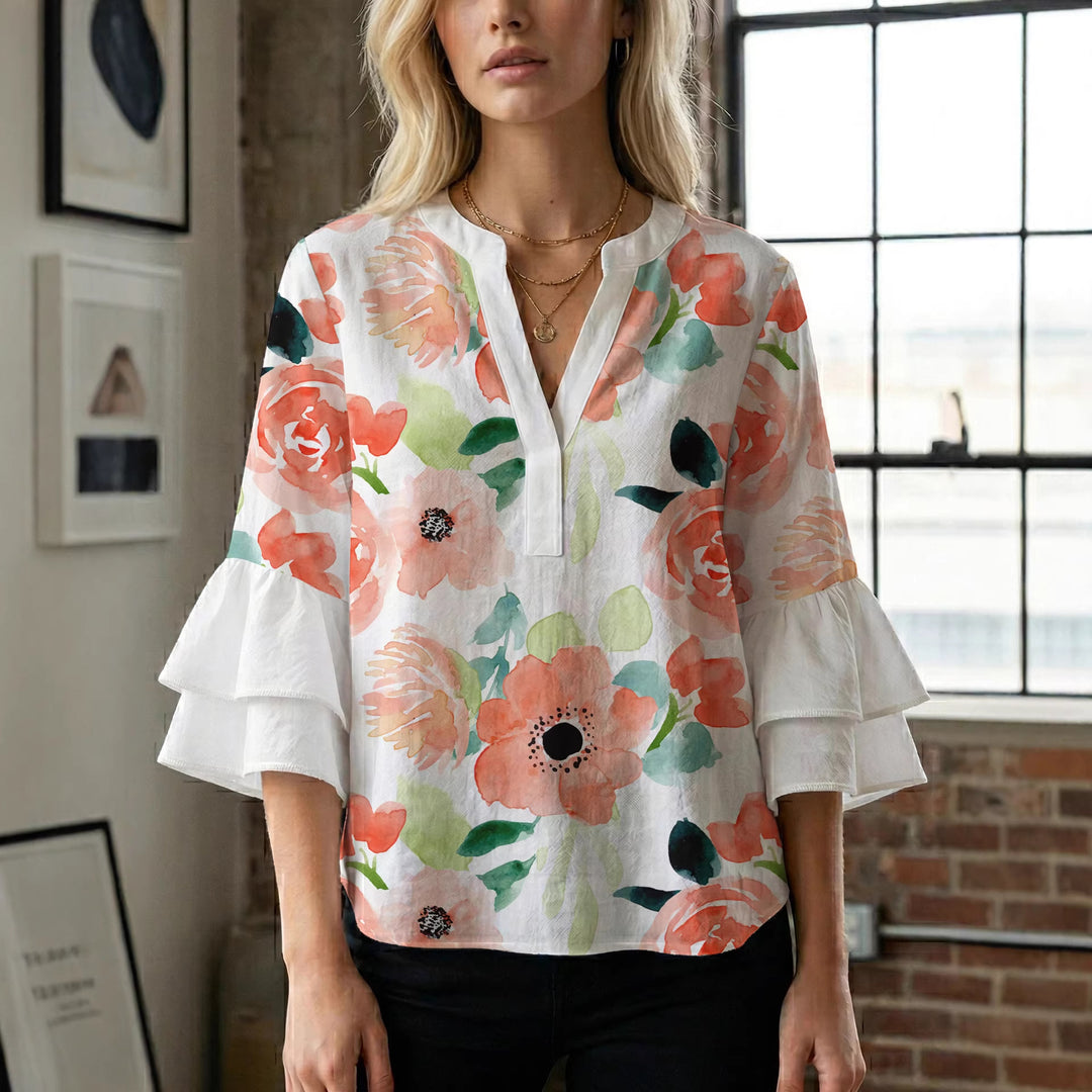Damen Elegantes Oberteil mit voluminösen Rüchenärmeln und floralem Druck R&B