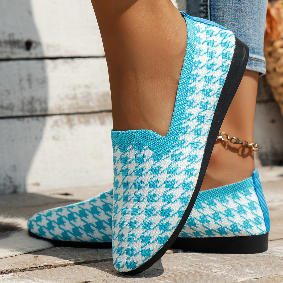 Damen Komfortable Slip-On Mokassins mit trendigem Hahnentrittmuster R&B
