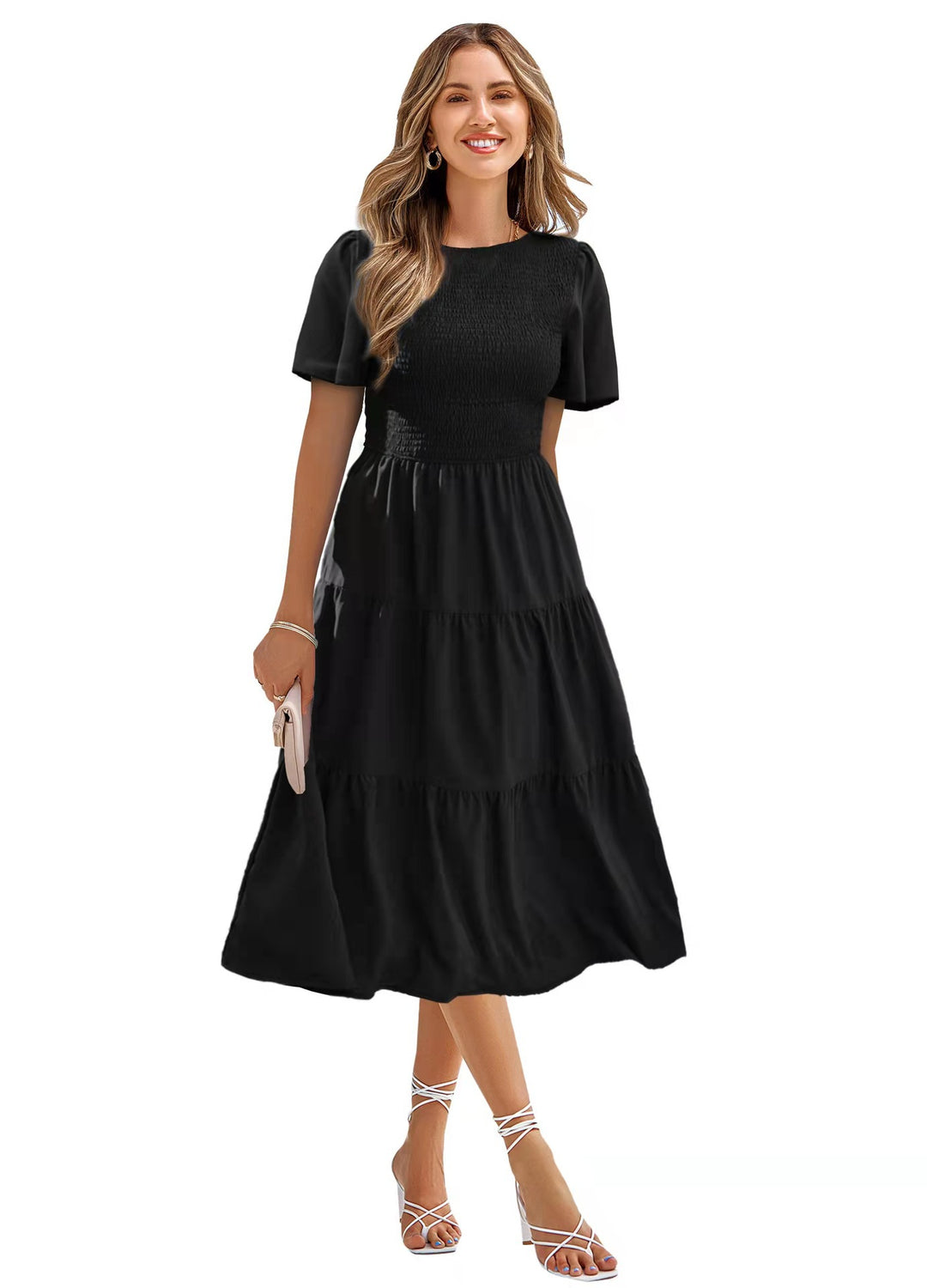 Damen Langes Wickelkleid mit elastischem Taillenbund und kurzen Ärmeln R&B