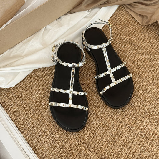 Damen Stilvolle Sandalen mit funkelnden Pyramiden-Nieten und verstellbarem Riemen R&B