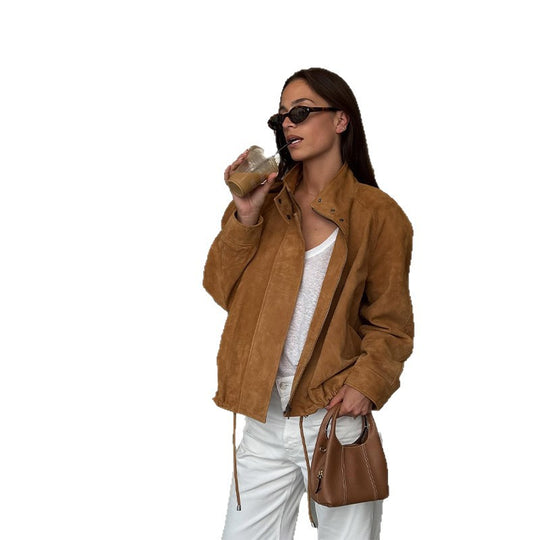 Damen lässige Suede-Jacke mit hohem Kragen und weiten Ärmeln R&B