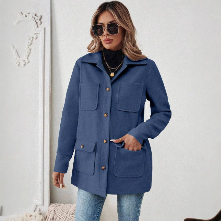 Damen Modische Utility-Jacke mit großen Taschen und goldenem Druck R&B