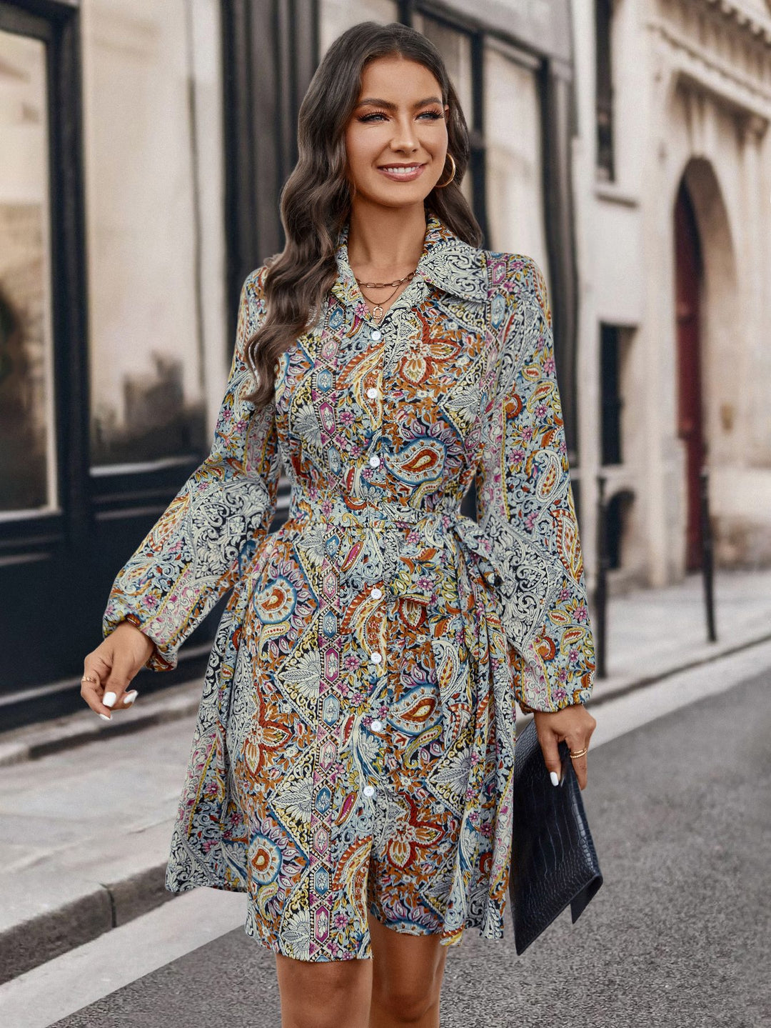 Damen Hemdblusenkleid mit buntem Paisleymuster und Gürtel R&B