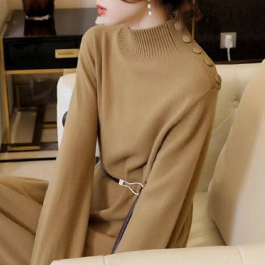 Damen Elegantes Strickmaxikleid mit hochgeschlossenem Kragen und dekorativen Knöpfen R&B