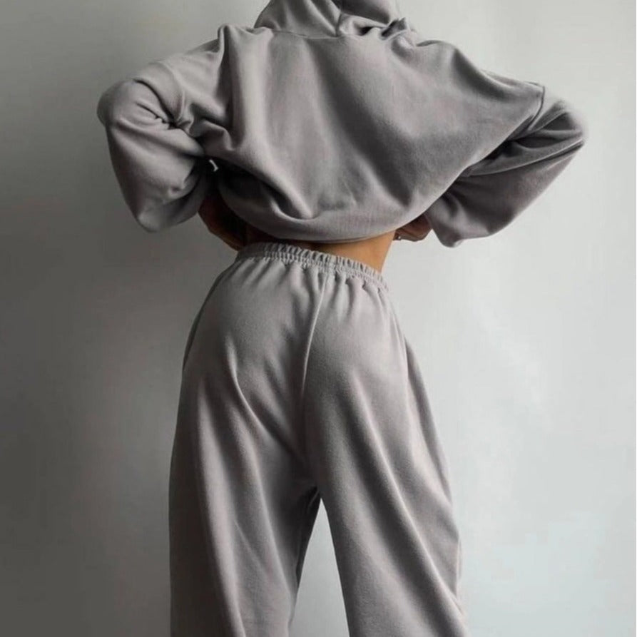 Damen lässiges Fleece-Set mit hohem Stehkragen und enganliegendem Bund R&B