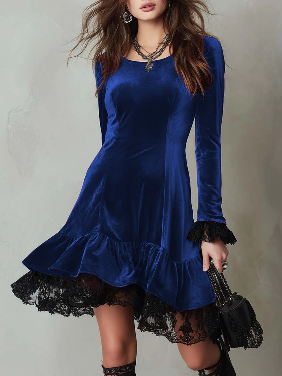 Damen Samt Minikleid mit Spitzenvolant und langen Ärmeln R&B