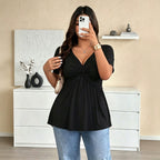 Damen Kurzarm-Bluse mit raffiniertem Wickeldesign und V-Ausschnitt R&B