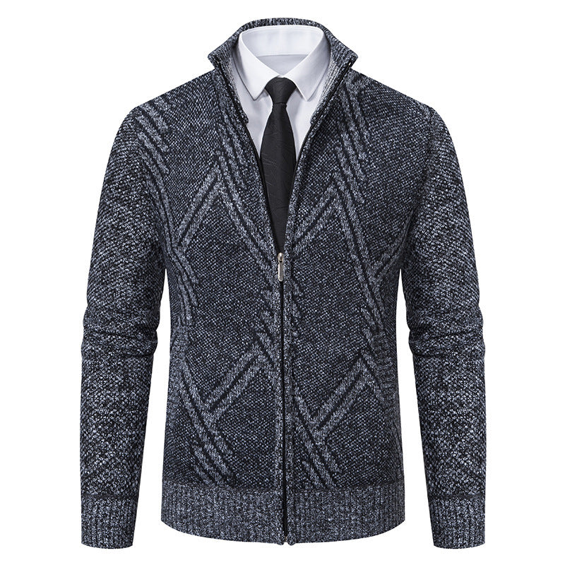 Herren elegante Strickjacke mit strukturiertem Zopfmuster und hochschließendem Kragen R&B