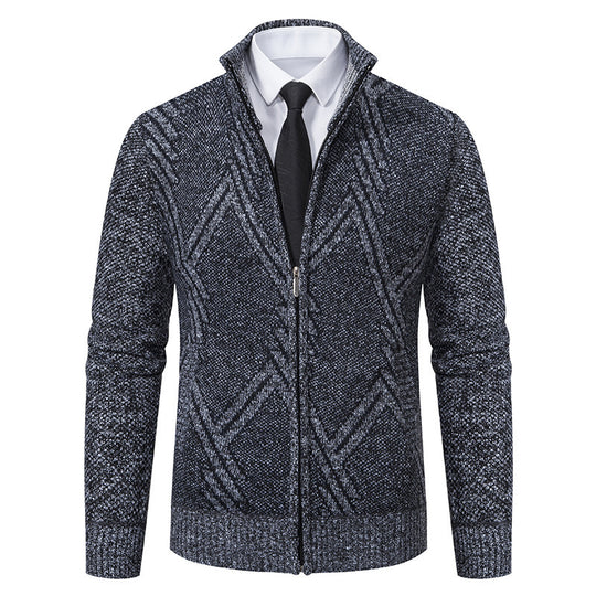 Herren elegante Strickjacke mit strukturiertem Zopfmuster und hochschließendem Kragen R&B
