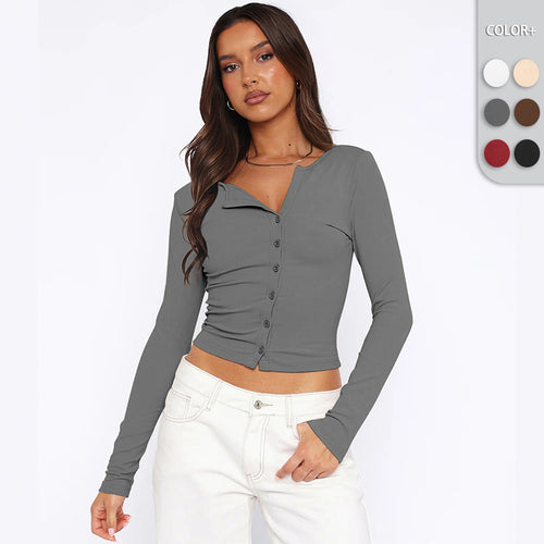 Damen figurbetontes Langarmshirt mit Knopfleiste R&B
