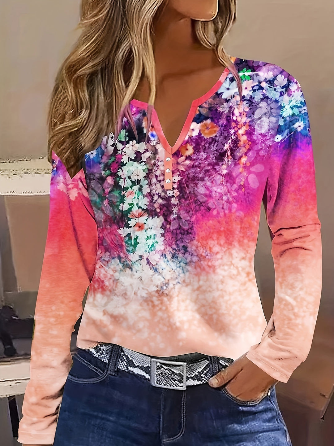 Damen Blütenmuster Langarmshirt mit Knopfleiste R&B