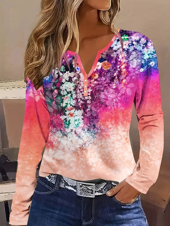Damen Blütenmuster Langarmshirt mit Knopfleiste R&B