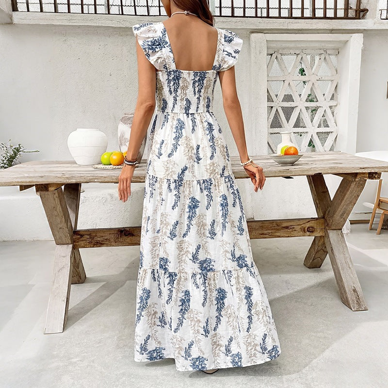 Damen Elegantes Maxi-Kleid mit floralem Print und schulterfreien Rüschenärmel R&B