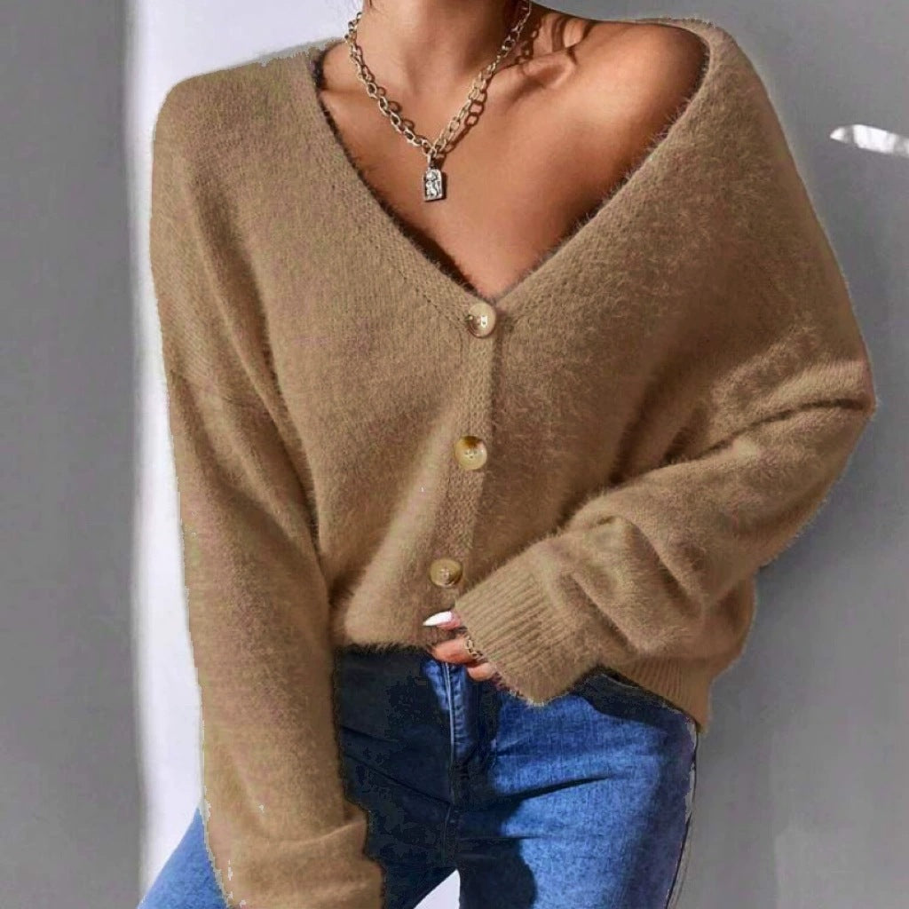 Damen Flauschiger Strick-Cardigan mit goldenen Knöpfen und lässigem Schnitt