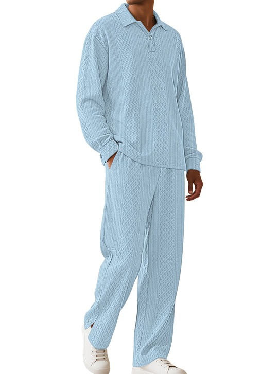 Herren nan Jacquard-Strickset mit Polokragen, legerer Passform und gerader Hose R&B