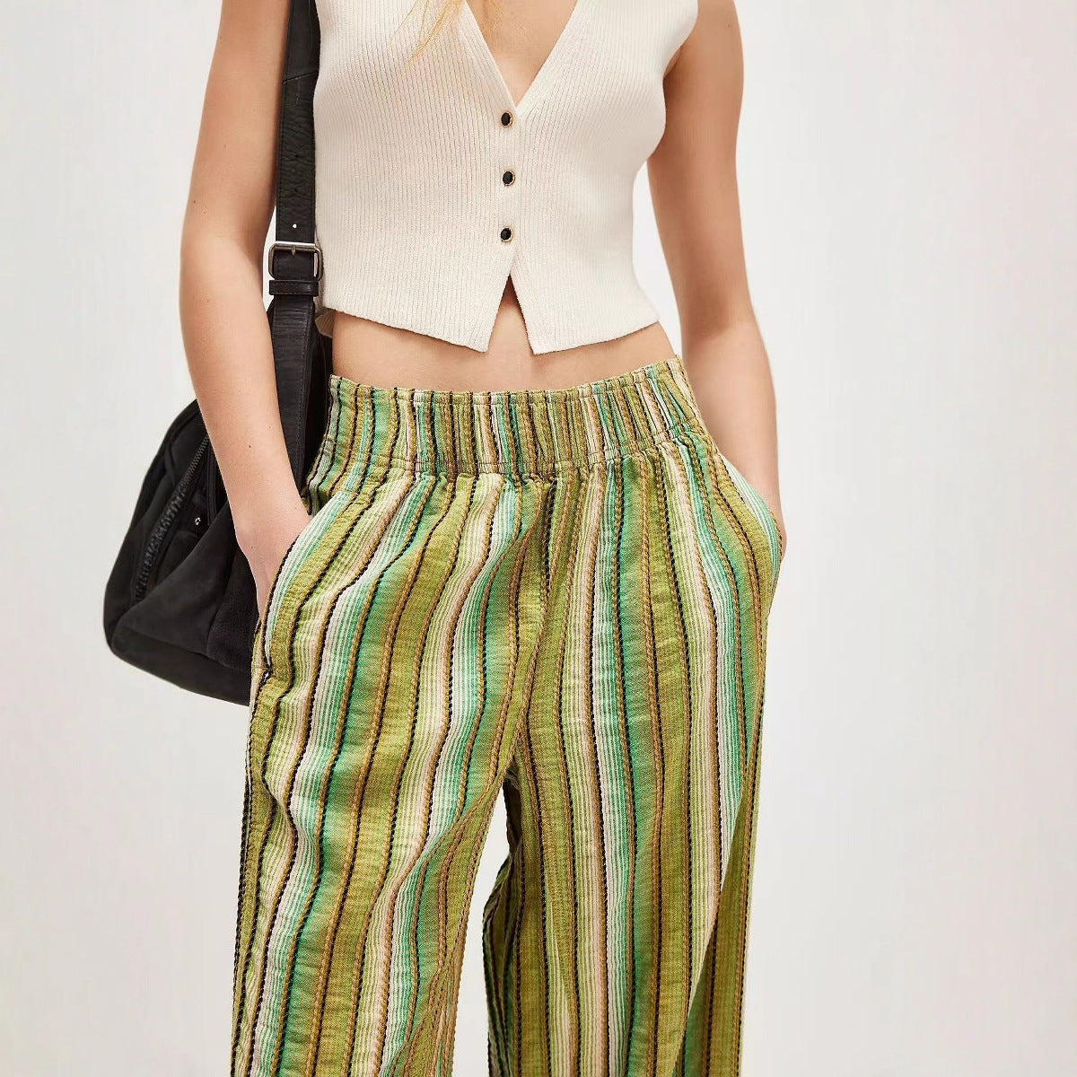 Damen weite gestreifte Sommerhose mit elastischem Bund und Taschen R&B