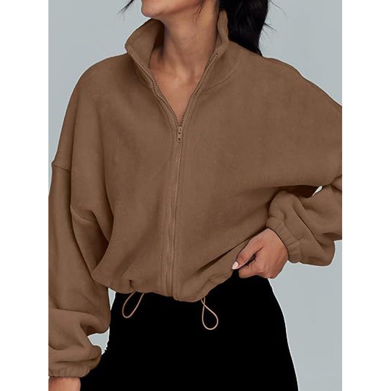 Damen trendy Oversize-Zip-Pullover mit hohem Kragen und Kordelzug R&B