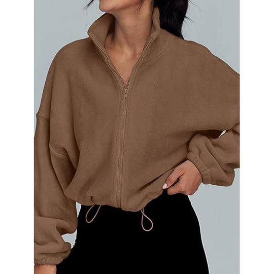 Damen trendy Oversize-Zip-Pullover mit hohem Kragen und Kordelzug R&B