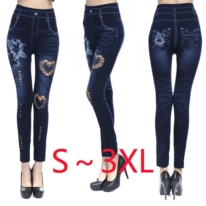 Damen Floral-Design Hochbund-Leggings aus Denim R&B