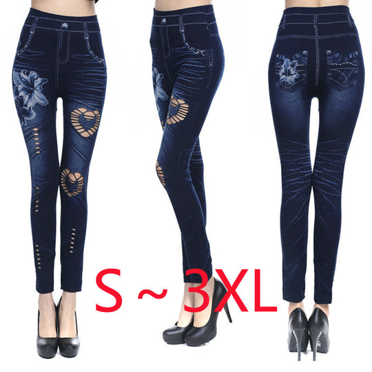 Damen Floral-Design Hochbund-Leggings aus Denim R&B