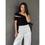 Damen asymmetrisches Oberteil mit eleganter Wickeldetail R&B