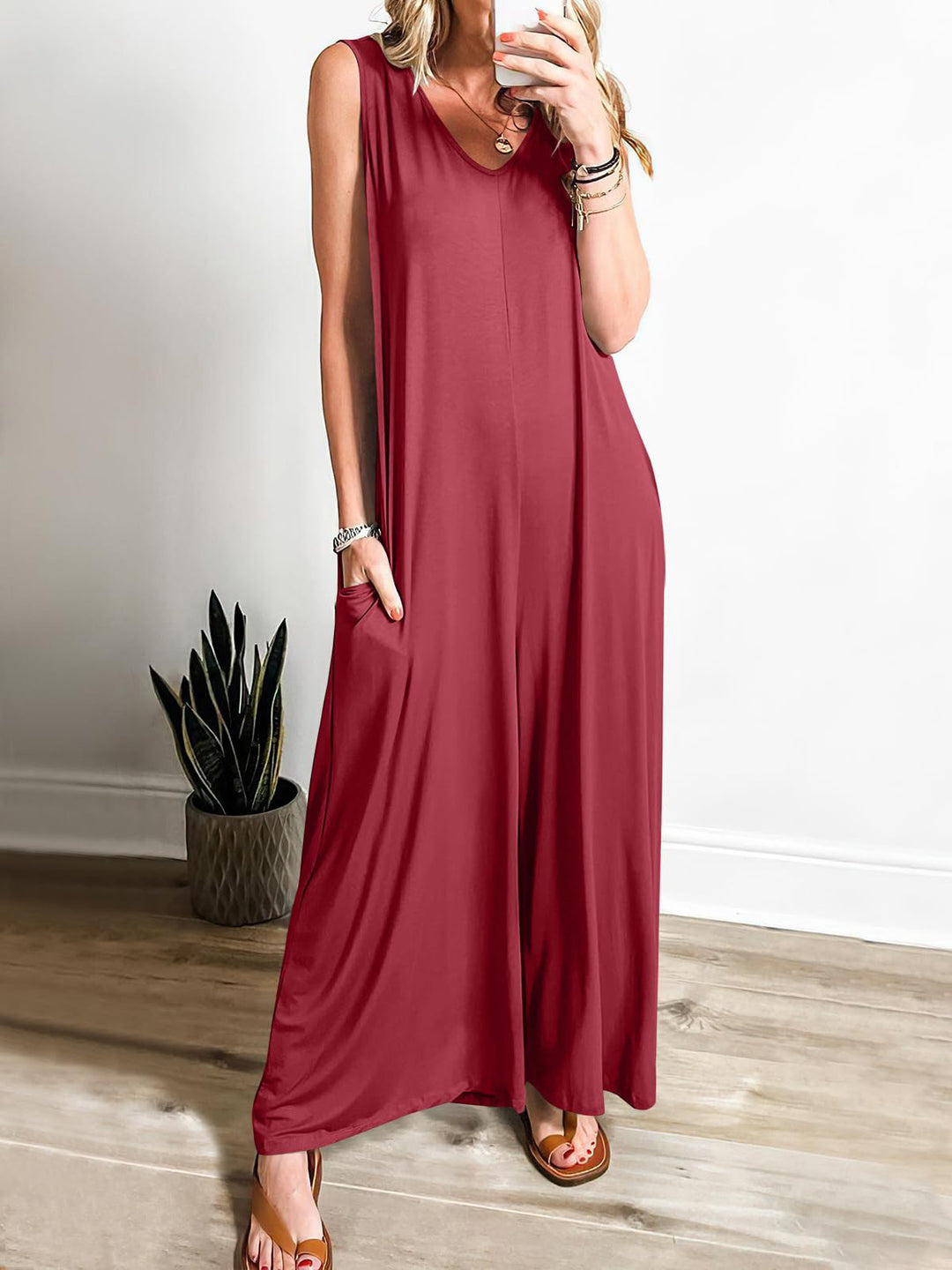 Damen ärmelloses Maxikleid mit seitlichen Taschen und fließender Silhouette R&B