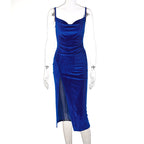 Damen Elegantes Satin-Midikleid mit Drapierung und Seitenschlitz R&B