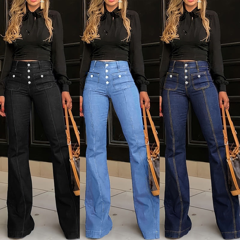 Damen High-Waist Schlagjeans mit Knopfdetails R&B