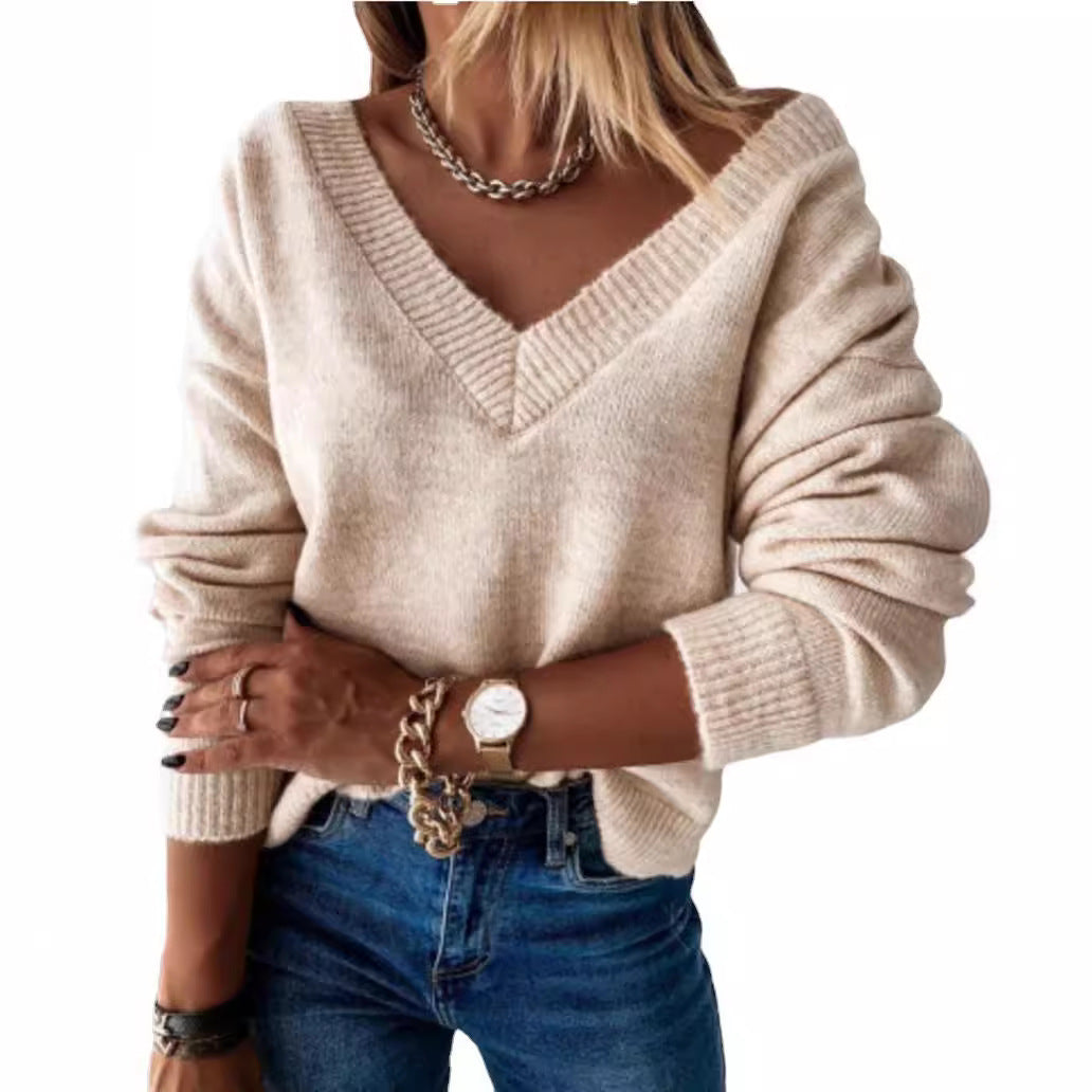 Damen V-Ausschnitt Strickpullover mit lockerem Schnitt R&B