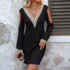 Damen Elegantes Langarmkleid mit tiefem V-Ausschnitt und offenen Schultern R&B