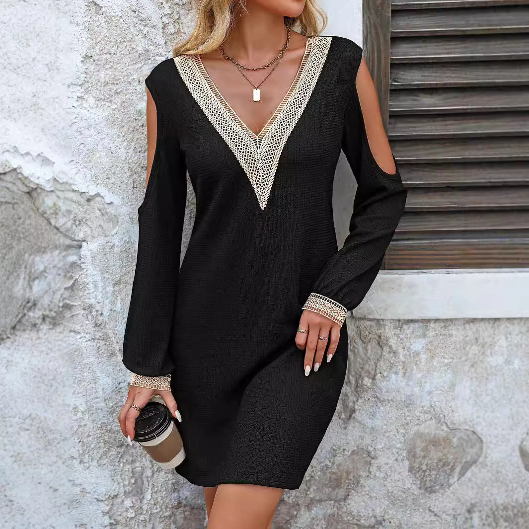 Damen Elegantes Langarmkleid mit tiefem V-Ausschnitt und offenen Schultern R&B