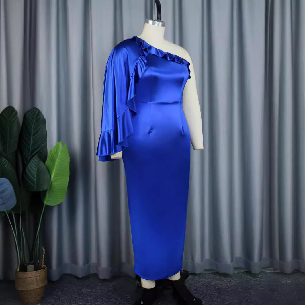 Damen elegantes Maxikleid mit asymmetrischem Rüschendesign R&B