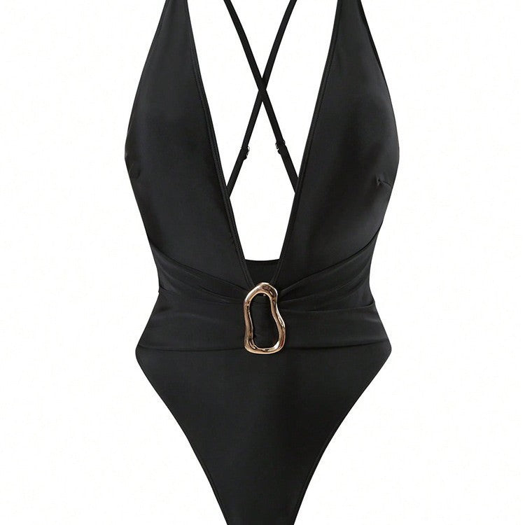 Damen Einteiler Badeanzug mit tiefem V-Ausschnitt und elegantem Gürtel R&B