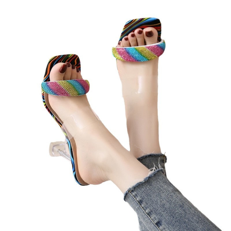 Damen modische Sandalen mit transparenten Trägern und funkelndem Strass R&B