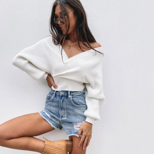 Damen lässiger V-Ausschnitt Pulli mit breiten Ärmeln und Rippstruktur R&B