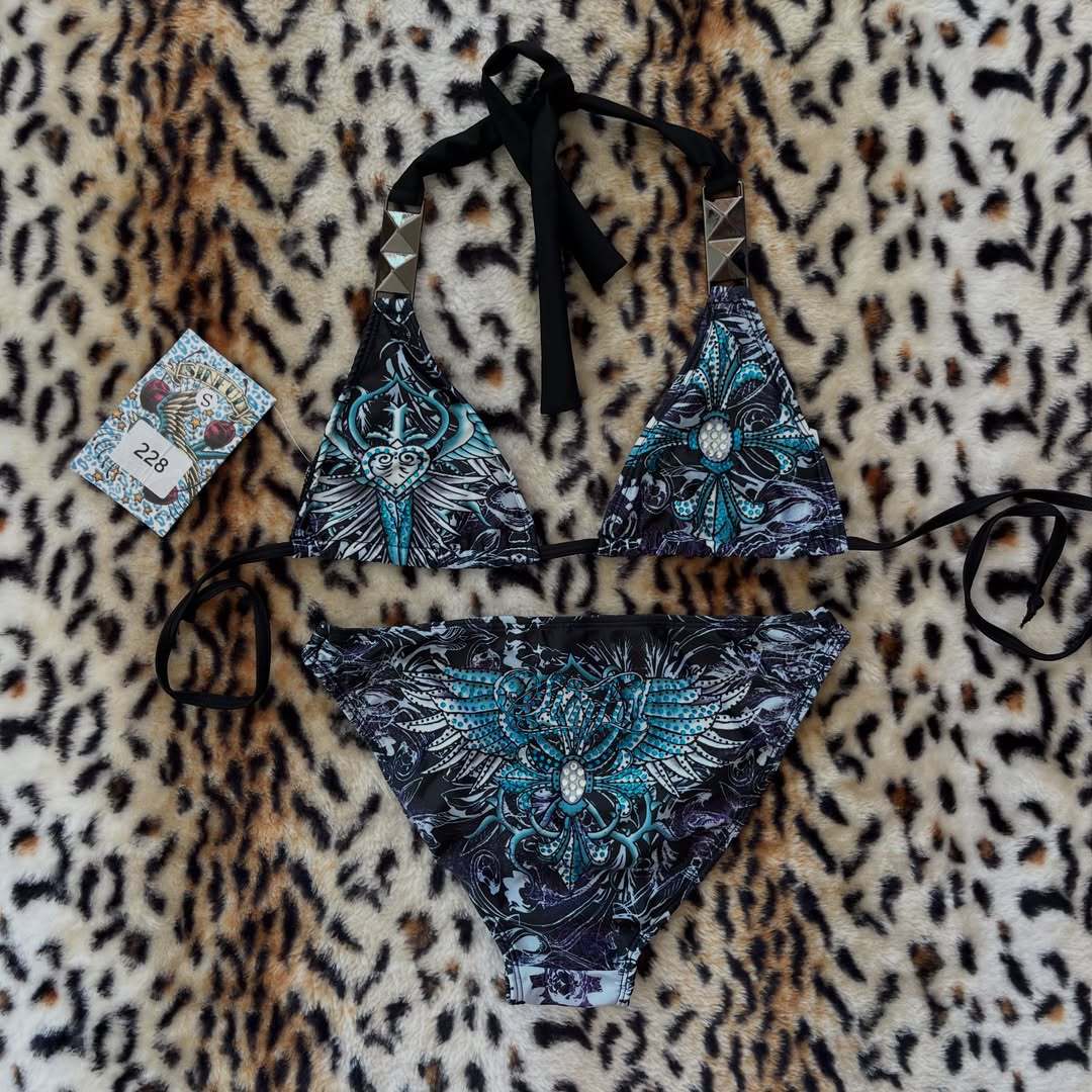 Damen Triangel-Bikini mit floralem Muster und Strass-Applikationen R&B