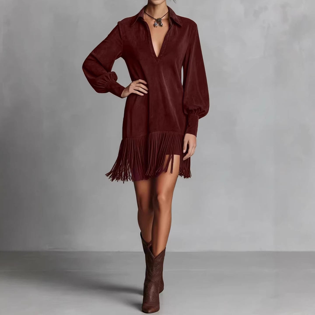 Damen Tunika-Kleid mit Fransen und V-Ausschnitt R&B