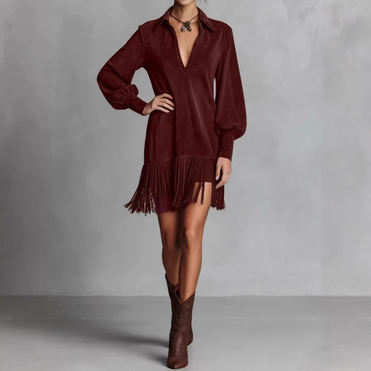 Damen Tunika-Kleid mit Fransen und V-Ausschnitt R&B