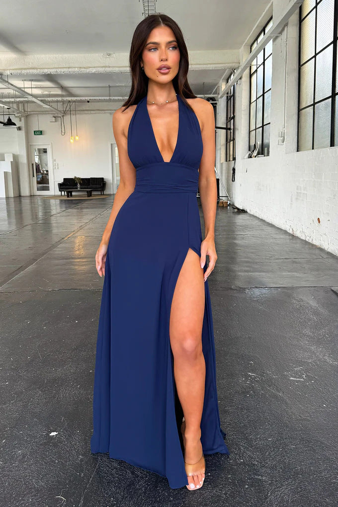 Damen Maxikleid mit tiefem V-Ausschnitt und elegantem Schlitz R&B