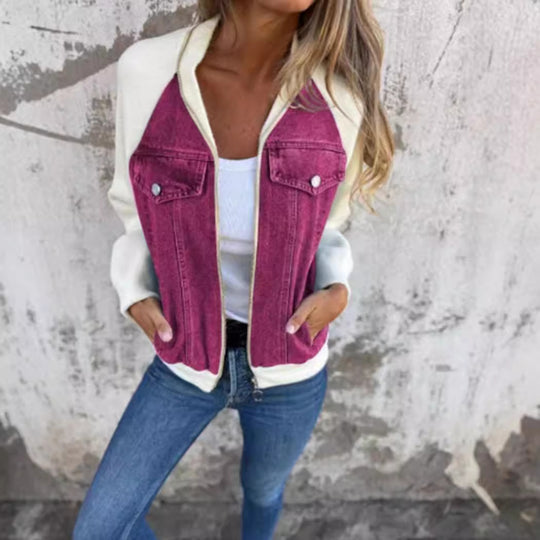 Damen nan Sweat-Jeans-Bomberjacke mit Raglanärmeln Brustklappen und Reißverschluss R&B