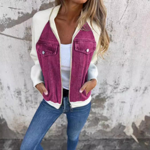 Damen nan Sweat-Jeans-Bomberjacke mit Raglanärmeln Brustklappen und Reißverschluss R&B