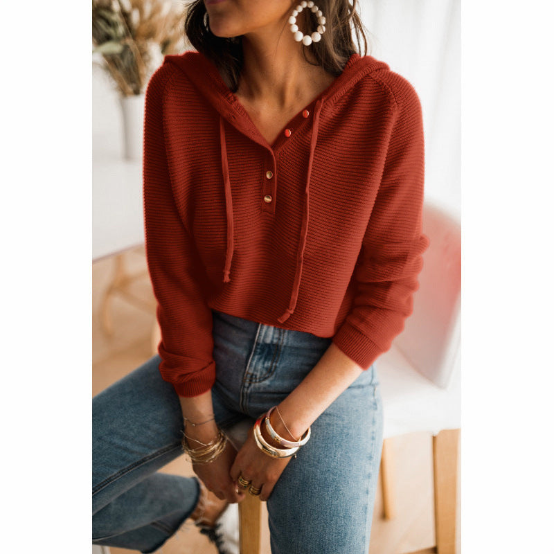 R&B | Damen Lockere Passform Stricktextur Knopfdetails Verstellbare Kapuze